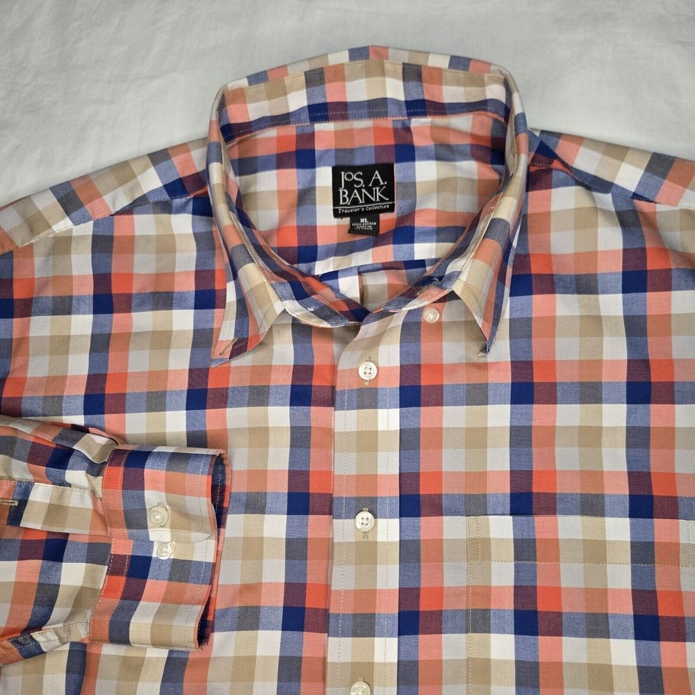 Jos. A. Bank Orange, Blue & Tan Plaid Casual Button-Down Shirt